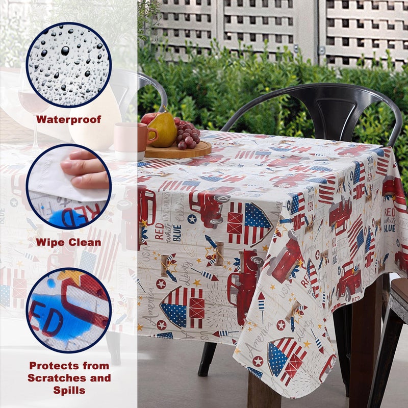 Newbridge Rectangle Vinyl Tablecloth with Flannel Backing, 52 x 70 Inch, Patriotic Truck, Indoor Outdoor Waterproof Vinyl Table Cloth, American Celebration Red Trucks and Flags - Image 3